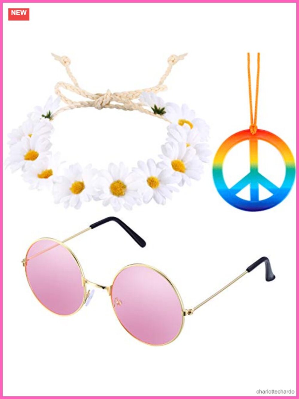 Hippie Costume Set 3 Pc Daisy Headband Sunglasses Peace Necklace Retro 60s